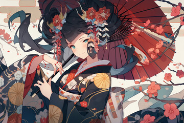 Generative ai. Geisha anime illustration