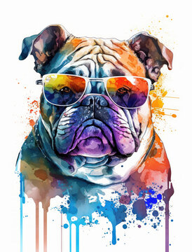 Watercolor Bull Dog with Sun Glasses Illustration Isolated on White Background. Colorful Digital Animal Art