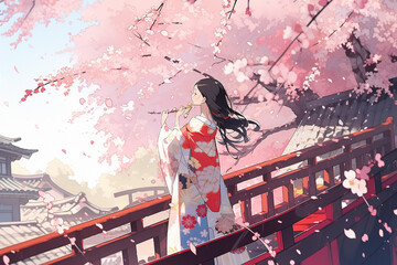 Generative ai. Geisha in blooming sakura garden anime illustration.