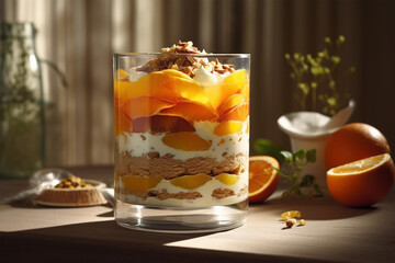 Layered dessert with cream and orange fruits. Generative AI illustration