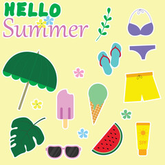 Set of cute summer icons: watermelon, umbrella, slippers, flowers, bathing suit, SPF, glasses.  Bright summertime poster. Collection of scrapbooking elements for beach party. summer stickers.