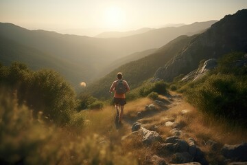 Chico corriendo por la montaña en verano durante una puesta de sol - obrazy, fototapety, plakaty