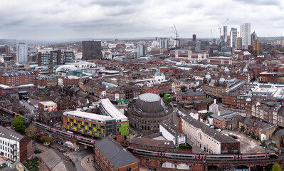 Aerial panorama view of Leeds cityscape skyline with rail transportation into the city