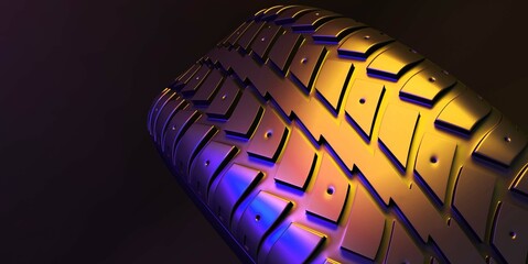 New car tire profile. Tire tread. Car wheel. Black rubber automotive tire. Auto service concept, changing wheels. Tire shop. Public transport. Motor sports, neon color, 3D Rendering.