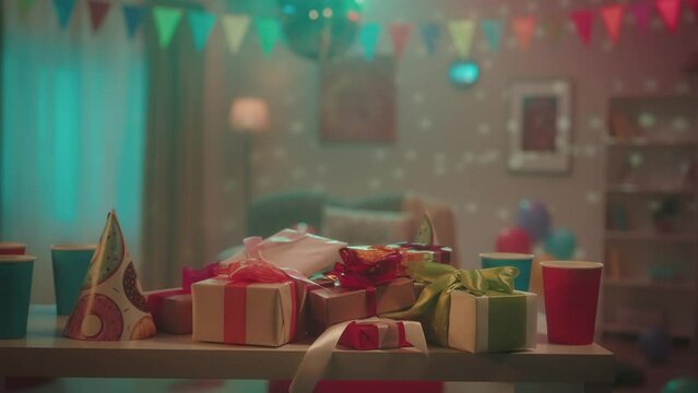 Interior of a room decorated for a home party or birthday. On the table are gift boxes tied with colored ribbons, holiday caps, red and blue paper cups. Balloons, a mirrored disco ball and flags.