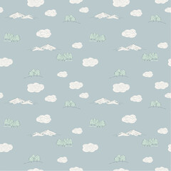 Fototapeta premium Seamless calming pattern of snowcapped mountains, clouds, and snowy trees in a cute hand drawn style and soft blue tones. Great for wallpaper, wrapping paper, stationery, children's clothing and more.