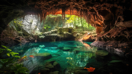 Breathtaking underground cave with lake. Generative AI - obrazy, fototapety, plakaty