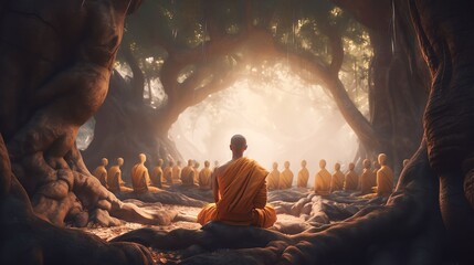 Fantasy Lord of Buddha Enlightenment meditating sitting with crowd of monk under bodhi tree for Makha, Visakha - obrazy, fototapety, plakaty