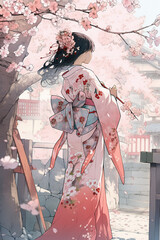 Fototapeta na wymiar Generative ai. Geisha in blooming sakura garden anime illustration.