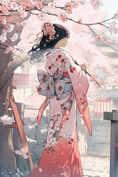 Generative ai. Geisha in blooming sakura garden anime illustration.
