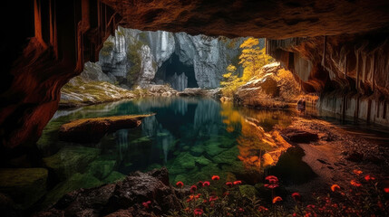 Breathtaking underground cave with lake. Generative AI