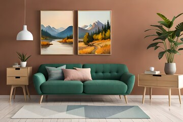 Modern home interior with wooden furniture on brown background in boho decoration, 3d render