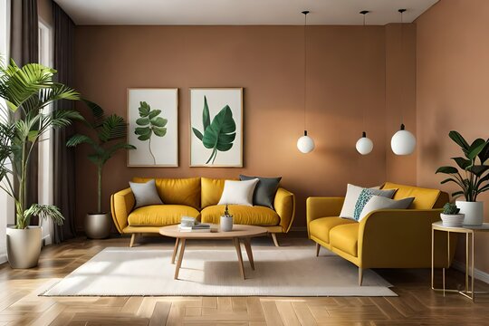 Cozy home interior with wooden furniture on brown background, empty wall mockup in boho decoration, 3d render