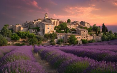 beautiful rural summer landscape of a lavender field with a rustic house, a trip to Europe, generative ai