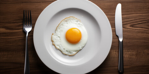 Fried egg in a white plate and cutlery
