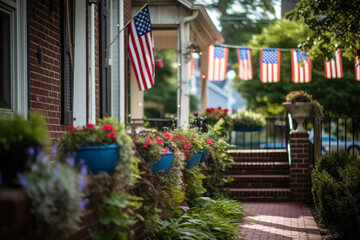 Patriotic 4th of July decor on house exterior, Memorial Day. Generative AI