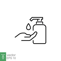 Hand soap sanitizer icon. Simple outline style. Disinfect, gel, pump, hand wash, bottle, hygiene concept. Thin line symbol. Vector symbol illustration isolated on white background. EPS 10.