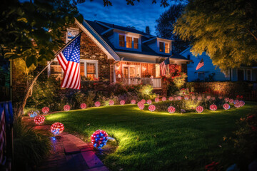 Patriotic 4th of July decor on house exterior, night, Memorial Day. Generative AI - obrazy, fototapety, plakaty