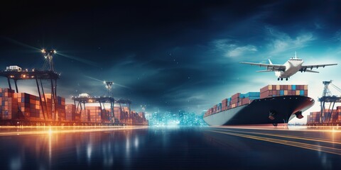 Obraz premium AI Generative. AI Generated. Photo Realistic shot of sea port cargo with ships and containers. Logistic business transportation doc. Graphic Art
