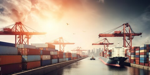 AI Generative. AI Generated. Photo Realistic shot of sea port cargo with ships and containers.  Logistic business transportation doc. Graphic Art