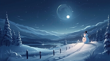 a winter landscape at night with a full moon and a snowman. Generative AI