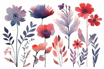 Delicate beautiful flowers on a white background, watercolor illustration. Generative AI