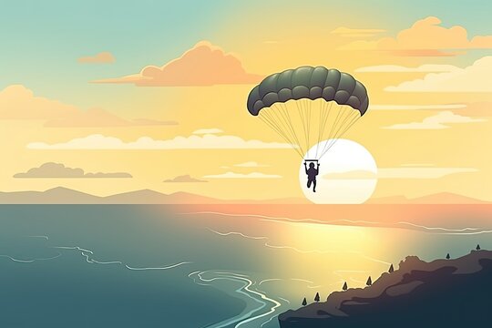 A skydiver flies over the water during sunset. Generative AI