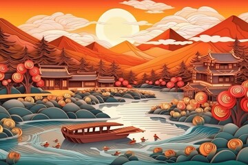 Paper cut 3d illustration of Japan, Chinese nature and culture, with mountain and dark sunset, generative ai