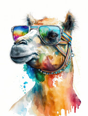 Watercolor Camel with Sun Glasses Illustration Isolated on White Background. Colorful Digital Animal Art