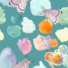 Hand painted delicate watercolor flower moth pattern