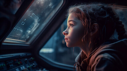 Fototapeta na wymiar A young child girl, with their face near up against the window of an orbital station, staring the vast expanse of the universe outside - ai generative