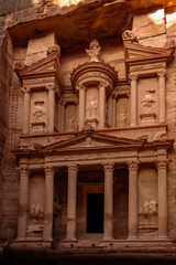 Ancient monument the Treasury in the ancient city of Petra carved in the sandstone on a sunny day