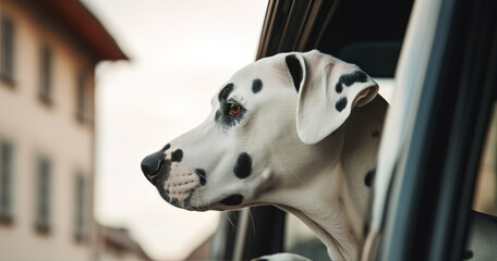 Dalmatian dog looks out of the car window. Traveling with animals. AI generation