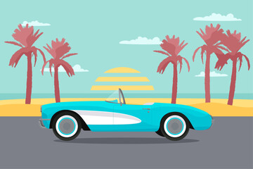 Summer retro poster with classic car. Vintage beach with palm trees silhouette, sunset on background. Horizont illustration for card, print design. Vector