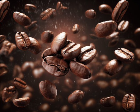 Flying coffee beans background. Close-up brown coffee beans banner. Closeup coffee grains background