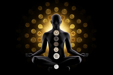 State of mind concept. Transcendental chakras space meditation human silhouette. Lotus pose, cosmic and abstract background. Black, white and golden colored. Luxurious style. Generative AI