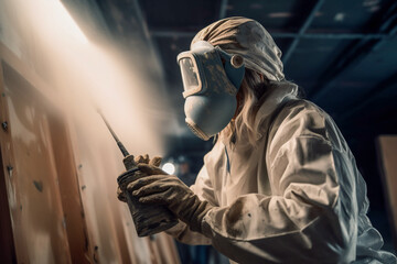Fototapeta na wymiar A professional house painter with a respirator mask painting the ceiling with a spray gun, wearing a white uniform - ai generative