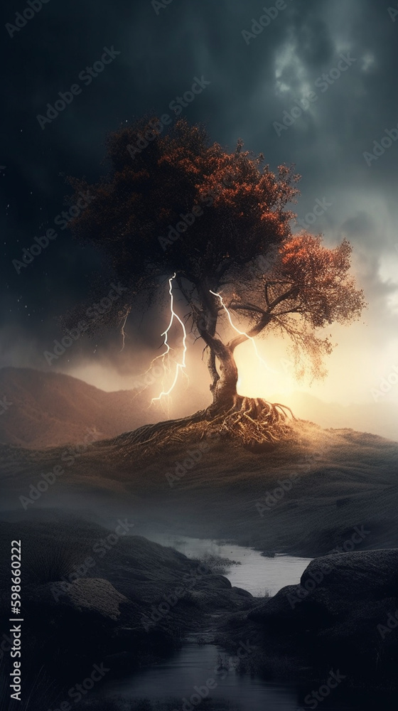 Wall mural lightning hitting a lone tree on a hilltop fire smok Generative AI 