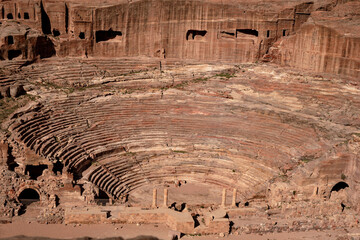 The Theater in the ancient city of Petra on a sunny day from above