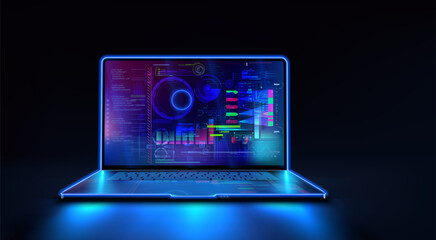 Application of laptop with business graph, analytics data. Analysis trends and software development coding process concept. Programming, coding, concept banner. Computer program code. Blue neon color © ZinetroN