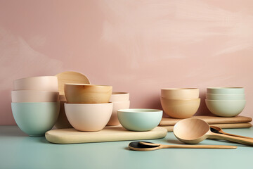 Fototapeta na wymiar Sustainable bamboo natural plates and bowls. Generative ai Generative AI