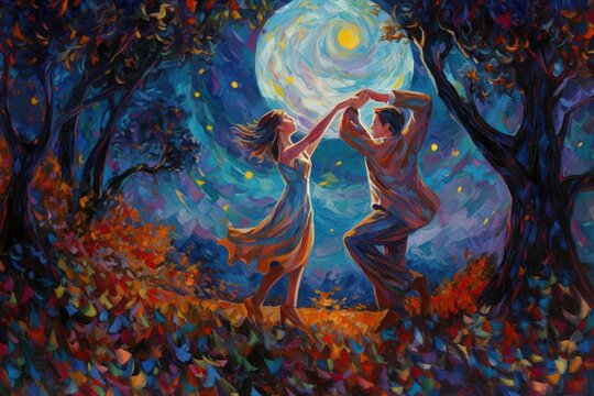 Oil painting with couple dancing to a moonlight. Generative AI