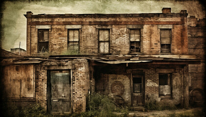 Plakat an old abandoned building exposed brick texture, gloomy vintage style, generative ai