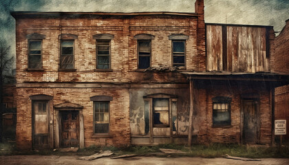 Fototapeta na wymiar an old abandoned building exposed brick texture, gloomy vintage style, generative ai
