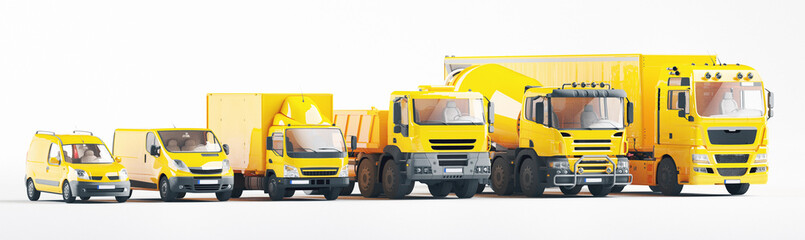 New haulage truck fleet in container depot as transporatation, shipping and logistics business. 3d rendering