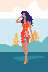 Woman in minimalism flat style, bright and colorful on the background of the sea, can be used for home poster, postcard