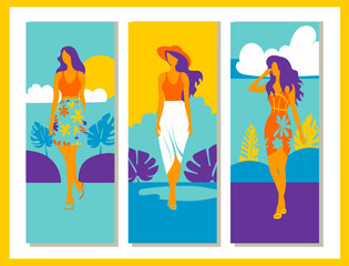 
Set of posters and postcards in groovy style with brigh  psychedelic color. Three women in the tropical beach.
