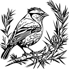 Black and white vector illustration of a sparrow sitting on a twig