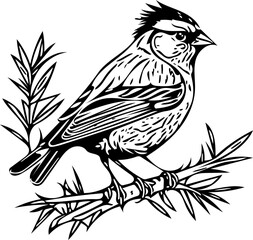 Black and white vector illustration of a sparrow sitting on a twig