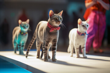 Fashion model cats on the catwalk, Generative AI